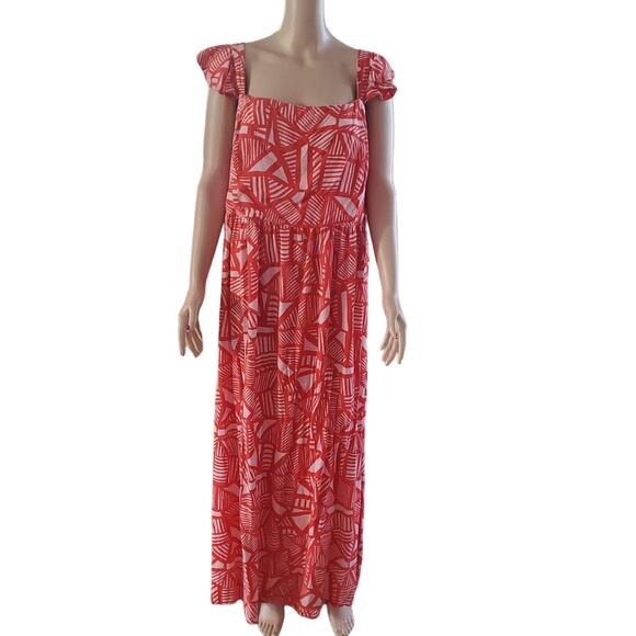 Eloquii Plus Size 24 Red & Pink Geo Print Flutter Sleeve Maxi Dress NO BELT - Picture 1 of 11